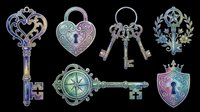 Vintage ornate keys and locks clipart set, isolated on transparent background. Includes heart lock, compass key, shield, and more. Great for stickers, t-shirt design, print on demand.