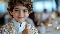 Young boy with curly brown hair and bright blue eyes wearing white traditional embroidered outfit smiles warmly at camera against soft bokeh background.