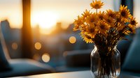 Yellow daisies in glass vase against blurred sunset window background with soft bokeh lights creating cozy atmospheric home interior mood.