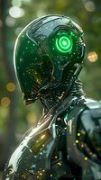 Futuristic robot head with glowing green eye and metallic surface against blurred bokeh background for sci-fi technology concepts.
