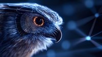 Close-up portrait of owl head with glowing amber eye against dark blue background with geometric light pattern, showcasing mystical and nocturnal wildlife nature.