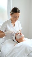 Professional cosmetologist applying facial mask treatment to female client in modern spa salon for skincare and beauty wellness therapy.