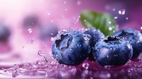 Fresh ripe blueberries with water drops and splashes on purple background, macro shot with selective focus and bokeh effect for food design.
