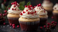 Festive cupcakes decorated with white cream frosting, fresh red currants and holly leaves on dark background, selective focus holiday dessert photography.
