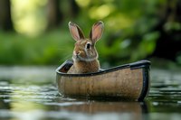 Adorable brown rabbit sitting in miniature canoe on calm water, surrounded by green nature background. Creative outdoor animal photography for greeting cards and social media.