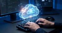Hands typing on keyboard with glowing cloud computing hologram and code on multiple monitors in modern office workspace for technology solutions.