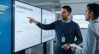 Professional businessman presenting AI-optimized insights data analytics on digital screen to colleague in modern corporate office environment.