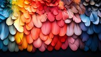 Vibrant rainbow feather pattern with overlapping scales in blue, yellow, orange, red and pink hues. Abstract textured background for creative design projects.