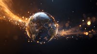 Glowing digital Earth globe with golden light trails and particles against dark background, showing global network connections and data visualization concept.