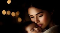 Young mother tenderly holding sleeping newborn baby in warm evening light with soft bokeh background creating intimate bonding moment for family photography.