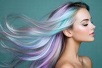 Young Caucasian woman with flowing multicolored pastel hair in pink, purple, and turquoise tones against green background, profile view showing professional salon styling.