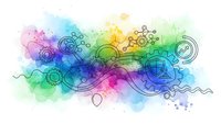 Abstract watercolor background with hand-drawn doodle elements, gears, arrows and geometric shapes in vibrant rainbow colors for creative design projects.