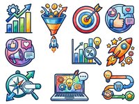 Growth strategy and business success icons set with analytics charts, target goals, rocket launch, and digital marketing symbols for startup development and entrepreneurial planning.