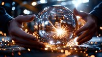 Hands holding glowing crystal ball with bright light burst inside, surrounded by bokeh lights. Fortune telling, prediction, magic, spiritual guidance concept.
