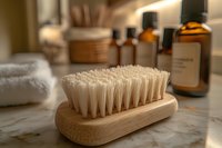 Natural bamboo nail brush with white bristles on marble surface, essential oil bottles and spa accessories in warm atmospheric lighting for wellness background.