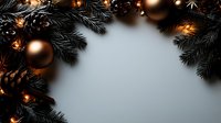 Festive Christmas border with copper ornaments and pine branches on gray background, glowing lights creating magical holiday atmosphere.