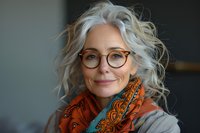 Confident mature woman with silver wavy hair, wearing stylish glasses and vibrant orange patterned scarf smiles warmly against blurred background. Natural aging concept.