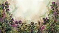 Watercolor thistle flowers frame with purple blooms and green leaves on soft pastel background, copy space for text or design.