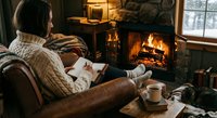 Woman in cozy sweater reading book by fireplace in rustic cabin interior with warm lighting and winter atmosphere for relaxation and comfort concepts.