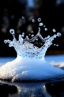 Macro photography of water crown splash with frozen motion, droplets forming crown shape against dark background, crystal clear liquid creating royal crown effect.