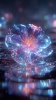 Glowing translucent flower with blue and pink light effects against dark background, creating magical atmosphere for fantasy designs.
