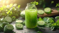 Fresh green cucumber smoothie in mason jar with mint leaves on wooden table surrounded by sliced cucumbers for healthy detox drink preparation.