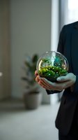 Hands holding glass sphere with miniature green forest ecosystem, environmental protection and sustainability concept for eco-friendly business presentations.