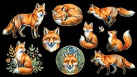 Watercolor fox collection featuring multiple poses and expressions of orange and brown foxes, including standing, sitting, running, and resting positions. Set includes decorative circular portrait, botanical elements, and various fox silhouettes. Isolated on transparent background, ready for t-shirt design, clipart, stickers, sublimation, and print-on-demand projects.