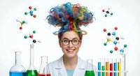 Female scientist with colorful hair explosion surrounded by molecular structures and laboratory equipment on white background for educational content.
