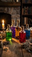 Colorful potion bottles with magical elixirs on wooden table in medieval alchemist laboratory with candle light, books and herbs for fantasy storytelling.