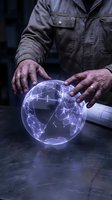 Worker in work clothes holding glowing digital globe with network connections, representing global technology, logistics, and international business communication solutions.