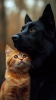 Close-up portrait of black dog and ginger cat looking up together, showing friendship between different pets against blurred natural background.