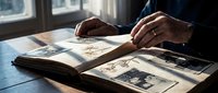 Elderly hands turning pages of vintage family photo album with black and white photographs on wooden table by window for memory preservation projects.