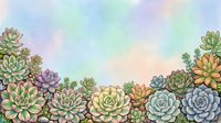 Watercolor succulent garden with pastel tones, featuring various echeveria and jade plants in soft greens, purples, and yellows. Ideal for botanical designs and nature-themed projects.
