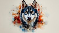 Artistic watercolor portrait of husky dog with intense amber eyes against orange and blue splatter background. Wild canine head study shows majestic expression.