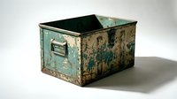 Vintage weathered metal storage box with peeling green paint and rust patina isolated on white background for industrial decor and antique design projects.