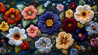 Vibrant floral composition with colorful blooms on dark background featuring pink, blue, white, and orange flowers with detailed petals and green foliage.