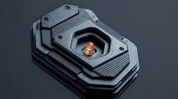 Metallic futuristic device with glowing golden core and angular design, isolated on dark background, suitable for sci-fi graphics and technology concepts.