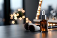 Amber glass dropper bottle with makeup brushes on dark surface against blurred bokeh lights background, luxury cosmetic skincare product photography.