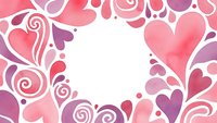 Pink and purple watercolor hearts with decorative swirls creating romantic frame on white background. Love themed border design for Valentine's Day cards.