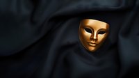 Golden theatrical mask on dark fabric background, symbolizing drama, performance arts, and anonymity for theater productions and events.