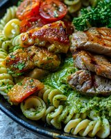 Grilled chicken breast with fusilli pasta in pesto sauce, roasted cherry tomatoes, and fresh herbs served on dark plate. Fresh homemade Mediterranean cuisine.