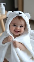 Smiling baby wearing white bear hooded towel after bath, wrapped in soft terry cloth. Joyful expression captures innocent childhood moment.