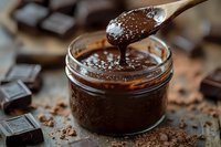 Rich chocolate spread dripping from wooden spoon into glass jar surrounded by dark chocolate pieces and cocoa powder on rustic surface.
