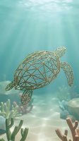 Geometric wireframe sea turtle swimming in turquoise ocean waters with coral reef and sunlight rays for marine conservation and environmental design.