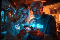 Senior man and young woman looking at glowing holographic data projections from mobile phones in dark room with blue technology visualization effects.