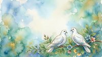 Two white doves perched on a flowering branch surrounded by soft watercolor foliage and blooms. Romantic and peaceful scene suitable for wedding invitations, greeting cards, and nature-themed designs.