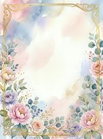 Watercolor floral frame with peonies, roses, and eucalyptus on soft pastel background with ornate gold corners, isolated on white for invitations and design projects.