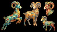 Ornate rams set with colorful folk art patterns, isolated on transparent background. Great for zodiac clipart, stickers, t-shirt design, print on demand, sublimation.