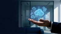 Cloud computing technology with glowing digital icons displayed above open hand of professional in modern office environment for business solutions.